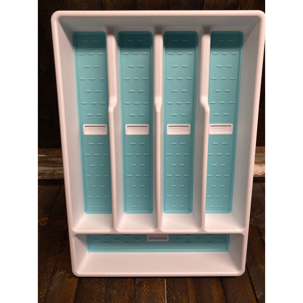 Silverware Utensil Organizer 5 Compartment White Light Blue With Cutlery Icons